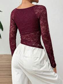 SHEIN EZwear Áo kiểu tay dài cổ vuông ren gợi cảm thời trang dành cho nữ - Màu Đỏ Sâu - Xem 2