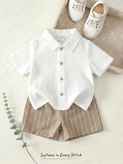 Cozy Pixies 2pcs Baby Boy Striped Collar Short Sleeve Cardigan Top And Solid Color Elastic Waist Shorts Set