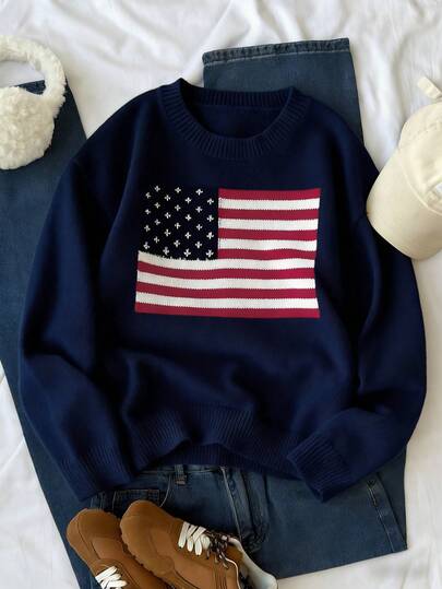 SHEIN Autumn/Winter New American Flag Print Knit Sweater Long Sleeve, Loose Fit Knitted Pullover Top For Teen Girls Usa Sweatshirt Youth Sweaters Flag Sweater Fourth Of July Sweatshirt