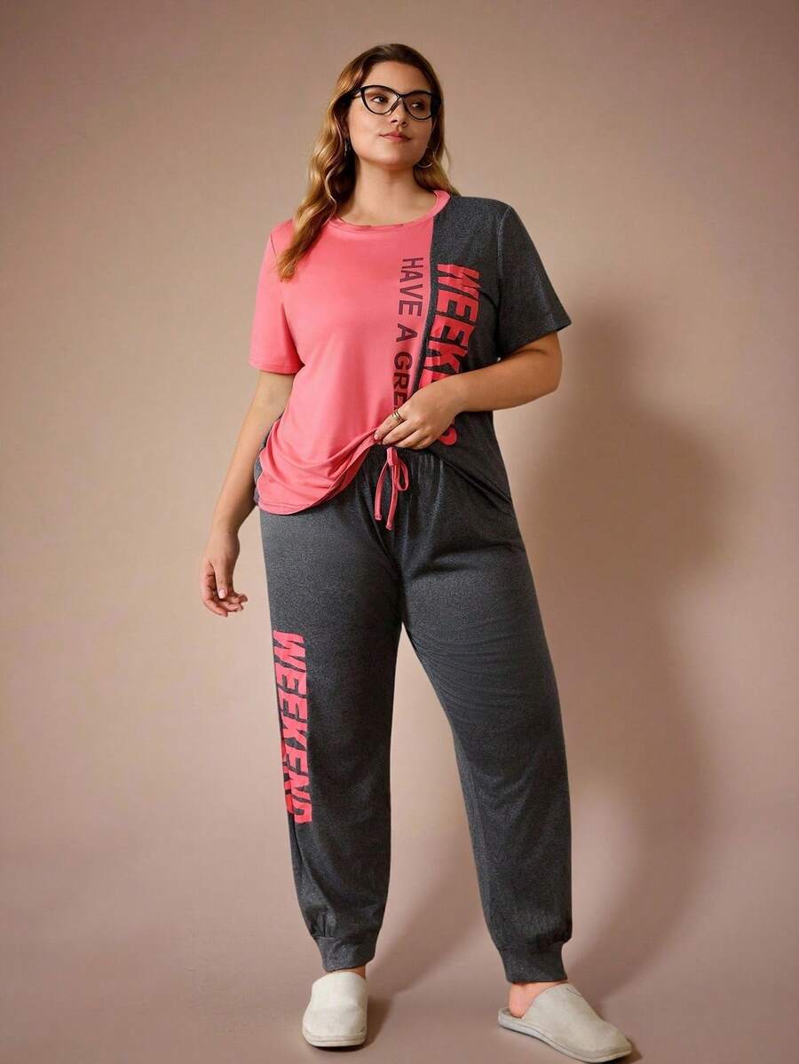 Lazeform Plus Size Colorblock Letter Printed Short Sleeve Top & Long Pants Pajama Set, Outfits - Grey - View 1