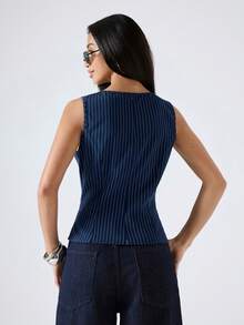 LYSMO Áo tank top nữ cổ tròn kẻ sọc dáng ôm, phong cách tối giản, mẫu mới 2026, thích hợp mặc đi làm/công sở/văn phòng, kiểu dáng thời trang cho nữ. - Màu xanh lam - Xem 2