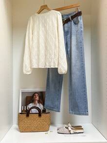 SHEIN Frenchy Solid Guipure Lace Trim Lantern Sleeve Blouse,Long Sleeve Tops Winter Casual Spring - Beige - View 2