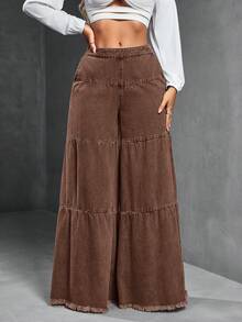 SHEIN SXY Pantalones vaqueros de pierna ancha con bolsillos, dobladillo deshilachado, de ajuste holgado y versátil para uso casual y de oficina para mujeres - Café integral - Ver 5