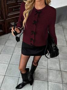 SHEIN PariChic 女士蝴蝶结纽扣长袖针织开衫，秋冬款 - 酒紅色 - 查看 4