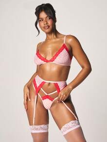 MISSGUIDED Heart Print Three Piece Lingerie Set With Bralette Garter Belt And Thong Intimate Valentine - Multicolor - View 2