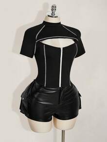 SHEIN ICON 加大码女式黑白撞色镂空拉链领T恤 - 黑色 - 查看 7