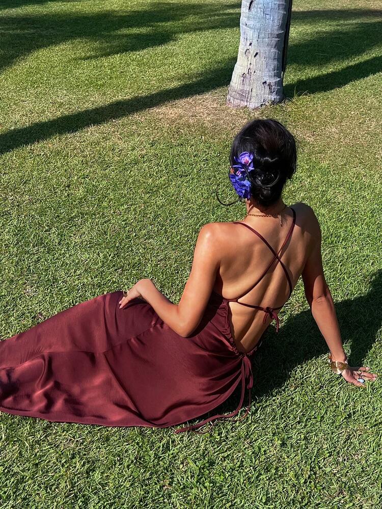 Sexy Satin Fitted Backless Criss-Cross Strap Long Nightgown For Women