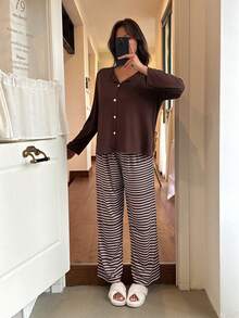 Dream Adore Plus Size Knitted Ribbed Ribbed Print Sexy Camisole, Pants And Outer Robe 3 Pieces Set, Can Be Worn Outerwear - Brown - View 6