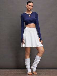 Activina 女士纯色圆领镂空露脐休闲百搭日常运动户外长袖T恤 - 藏蓝色 - 查看 7