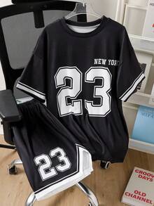 Vacaura 2pcs/Set Teenage Boys' Loose Casual Letter Print Contrast Trim Top And Shorts Set Boys Jersey - Black - View 5