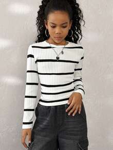 Coolane Kids 少女秋冬季基本款日常舒适单品，黑白条纹圆领修身长袖T恤，圣诞节服装，新年服装 - 黑與白 - 查看 1