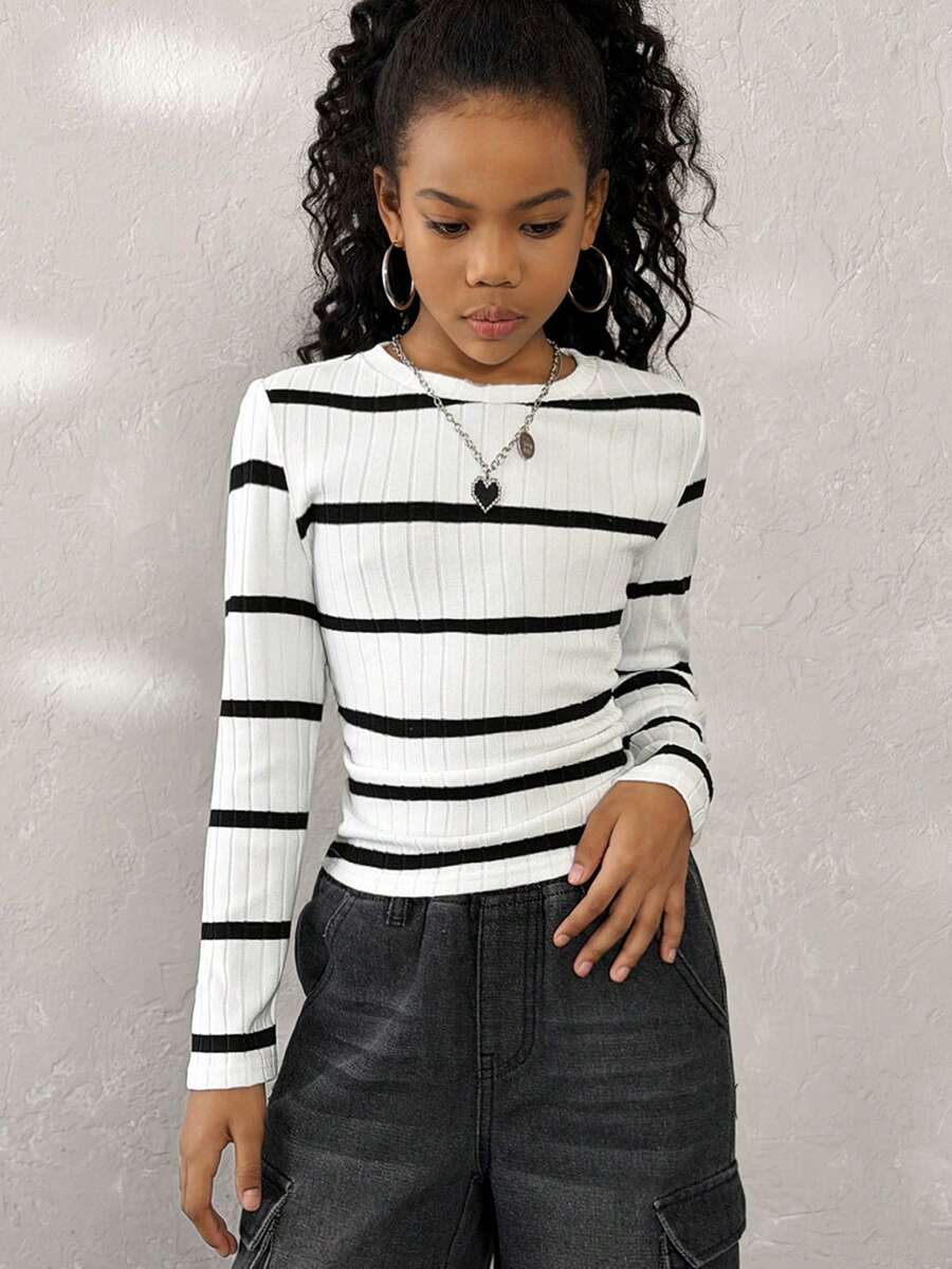 Coolane Kids 少女秋冬季基本款日常舒适单品，黑白条纹圆领修身长袖T恤，圣诞节服装，新年服装 - 黑與白 - 查看 1