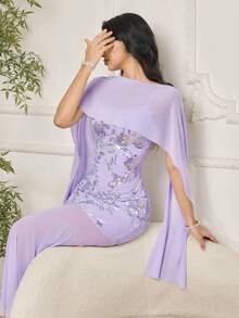 Modelyn Đầm dài nữ thanh lịch, thoải mái, lãng mạn, đính hạt, thêu ren, dáng ôm. - Màu tím - Xem 4