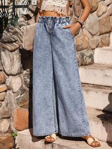 Breezaya Women's Elastic Waist Floral Denim Wide Leg Pants - Light Wash - View 4