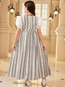 Tween Girl Vacation Retro Print 2 In 1 Petal Sleeve Princess Dress - Black and White - View 7