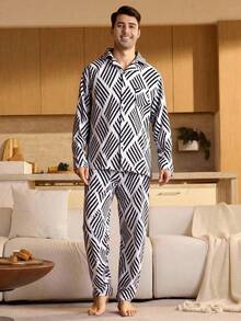 Velminro Men's Striped Long Sleeve Single-Breasted Top And Pants Pajama Set Men Two Piece Set Men Pajama Set - Black and White - View 1