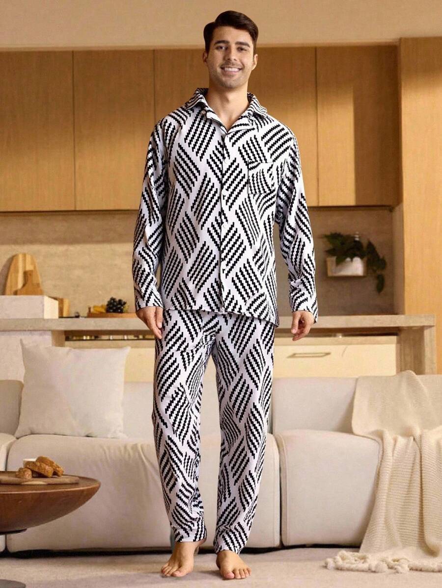 Velminro Men's Striped Long Sleeve Single-Breasted Top And Pants Pajama Set Men Two Piece Set Men Pajama Set - Black and White - View 1