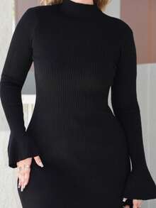Arliah Vestito maglione a collo alto invernale da donna, gonna svasata a campana in maglia calda, vestito a maniche a campana, abito in maglia aderente e sottile, abito a maniche lunghe, abito nero - nero - Visualizzare 4