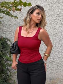 Jeta Ari Camiseta de tirantes casual de verano para mujer, ajustada y fruncida, de unicolor - Burdeos - Ver 6
