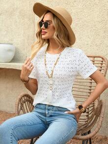 EMERY ROSE 女士纹理面料休闲度假基础款短袖T恤，夏季休闲T恤，波西米亚风白色镂空短袖上衣，镂空上衣，可爱短袖上衣，夏季休闲上衣，镂空衬衫，外出上衣，夏季度假休闲衬衫，白色上衣 - 彩色 - 查看 8