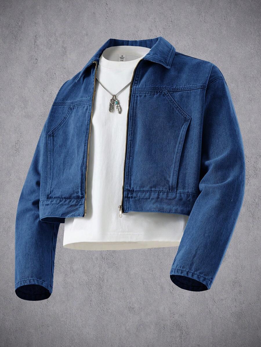 Manfinity Denimwave Men's Turndown Collar Zipper Front Pocket Casual Versatile Commuting Denim Long Sleeve Jacket Jeans Jacket Cropped Jacket - Dark Wash - View 1