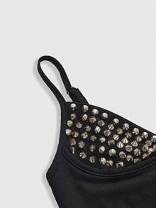 ROMWE Grunge Punk 性感暗黑朋克铆钉拼接褶皱迷你连衣裙（女款） - 黑色 - 查看 3