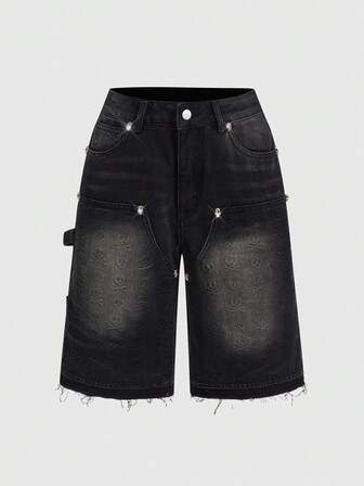 Grunge Punk Y2K Vintage Street Punk Unisex Totenkopf geprägte lässige Jeans-Shorts für Frauen