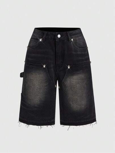 Grunge Punk Y2K Vintage Street Punk Unisex Skull Embossed Loose Casual Denim Shorts For Women