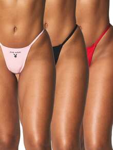 Missguided x Playboy Multi Pack String Thong Underwear Set With Bunny Logo Print Minimal Coverage Intimate Lingerie Collection For Valentine - Multicolor - View 1