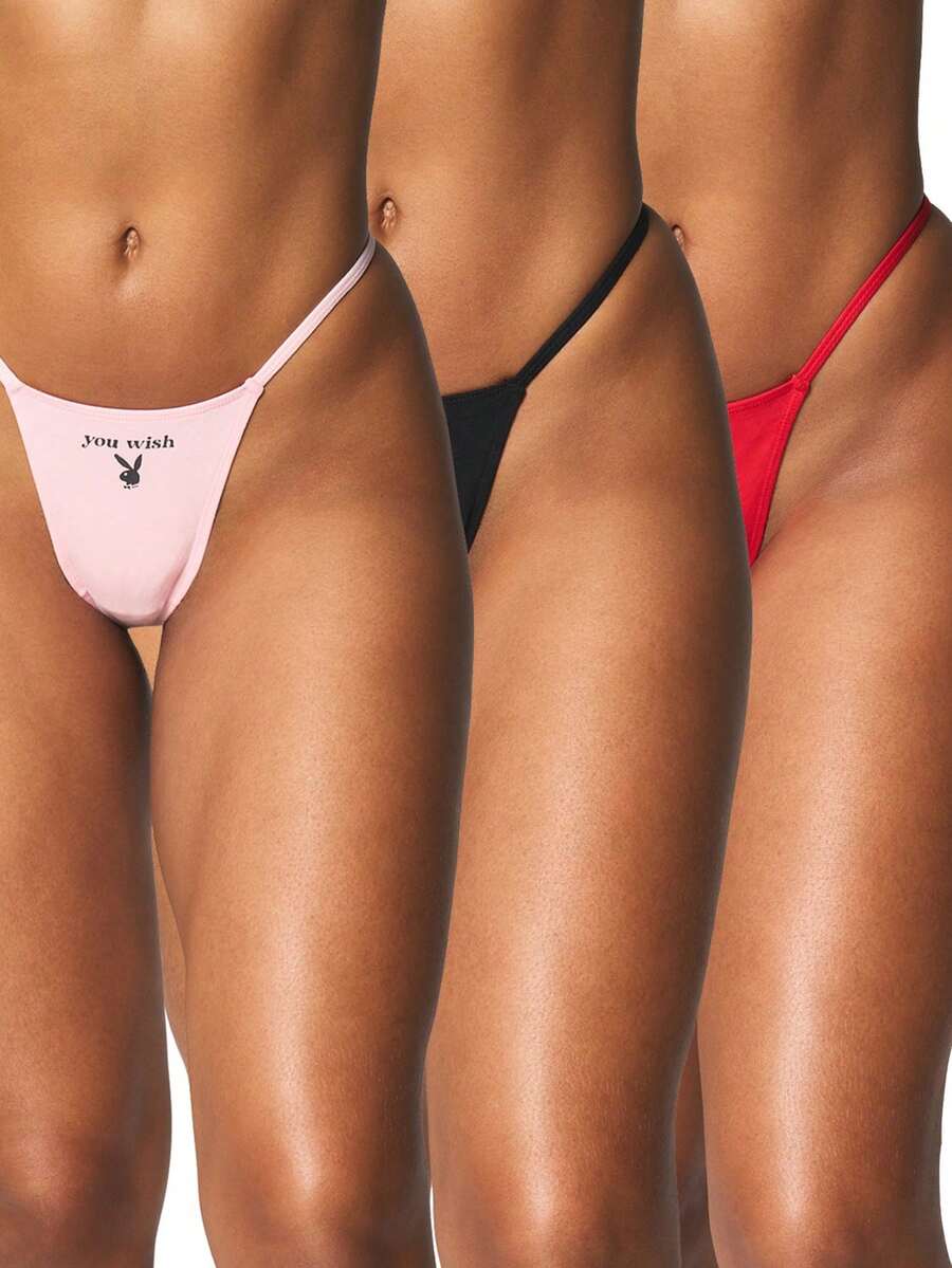 Missguided x Playboy Multi Pack String Thong Underwear Set With Bunny Logo Print Minimal Coverage Intimate Lingerie Collection For Valentine - Multicolor - View 1