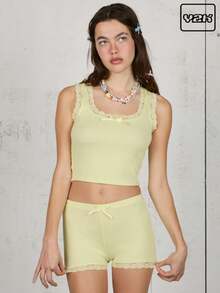 COUREZ 罗纹圆领蕾丝上衣和超短裤套装 夏季两件套 女装 Y2K 复古风