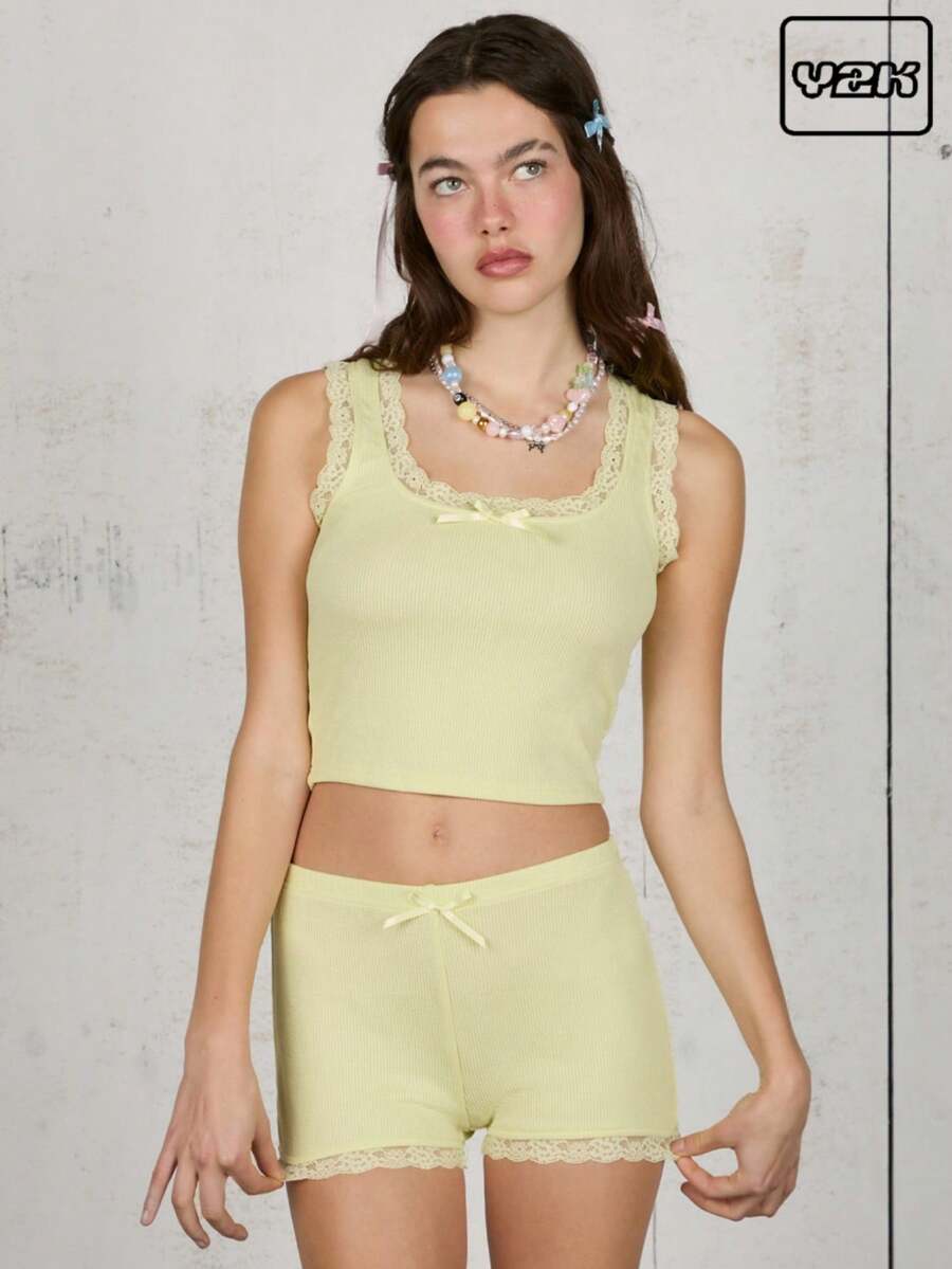 COUREZ 罗纹圆领蕾丝上衣和超短裤套装 夏季两件套 女装 Y2K 复古风