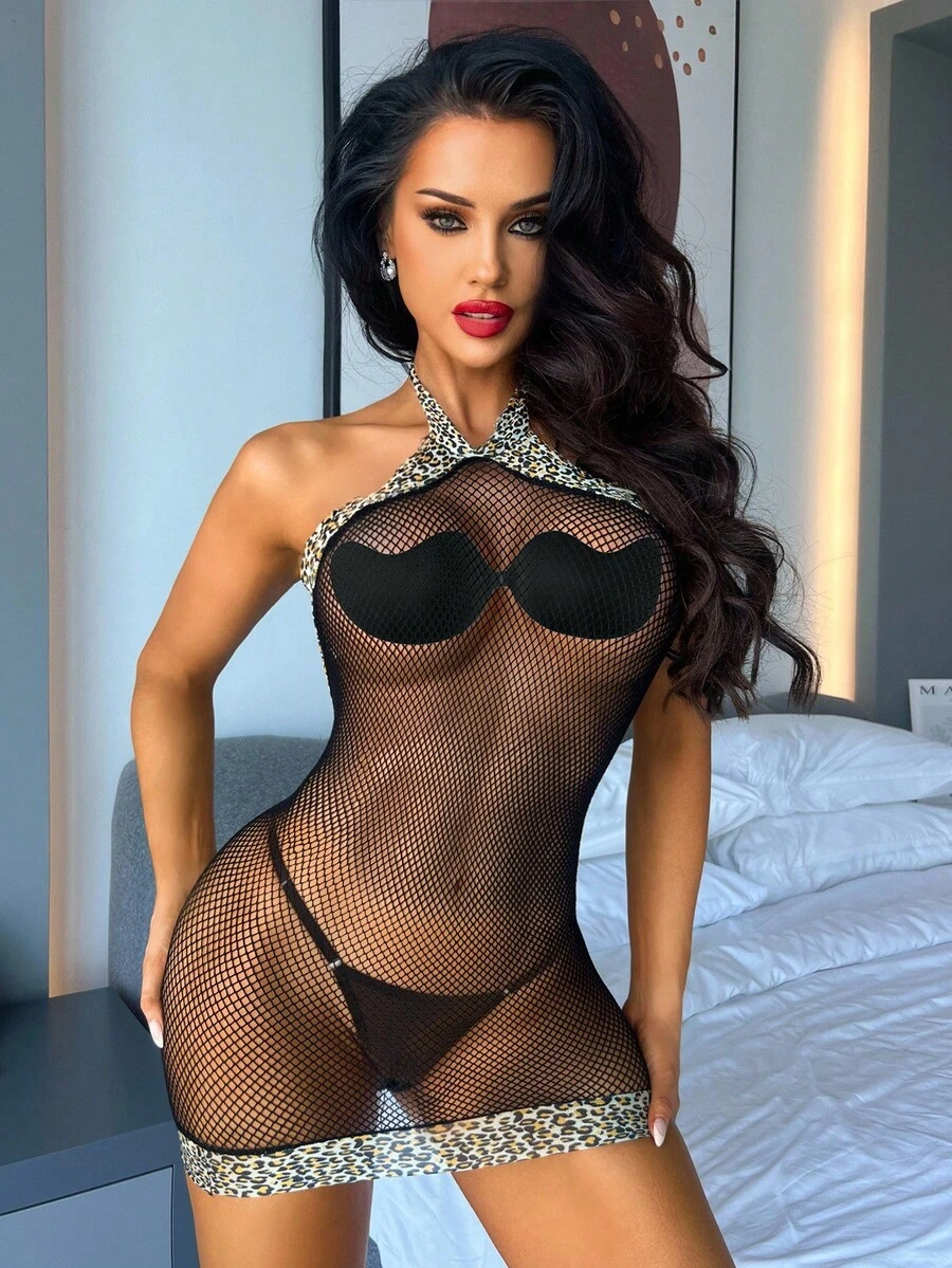 ChaseTheNight 女士性感高弹力半透明网眼吊带无袖睡袍，性感豹纹蕾丝花边，适合派对、庆典、夜总会 - 黑色 - 查看 1