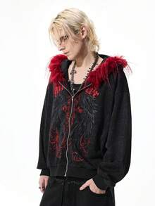 ROMWE MEN Goth Áo hoodie nam màu tối, viền lông mềm mại, có khóa kéo, kiểu dáng thường ngày, thích hợp cho mùa thu. - màu đen - Xem 5