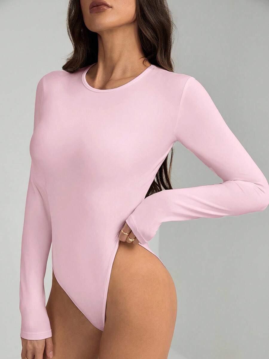 SHEIN Tall Plain Pink Round Neck Casual Bodysuit With Long Sleeves For Her