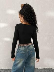 Coolane Kids Áo thun nữ mùa thu/đông, thời trang dạo phố Y2K Punk Grunge họa tiết da báo thoải mái, tay dài ôm sát màu đen, 2 trong 1, áo thun in họa tiết da báo, trang phục cho năm mới, mùa đông, giáng sinh - màu đen - Xem 5