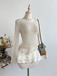 Elamini Women's Apricot Sheer Crochet Pullover Sweater, Sexy Casual Beach Cover Up, Lightweight Vacation Style For Summer - Apricot - View 3