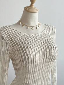 Elamini Women's Apricot Sheer Crochet Pullover Sweater, Sexy Casual Beach Cover Up, Lightweight Vacation Style For Summer - Apricot - View 6