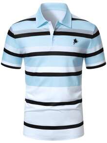 Manfinity Bizformal 男士条纹短袖 Polo 衫 蓝黑白衬衫 男士条纹 Polo 衫 男士高尔夫球衫 男士条纹 Polo 衫 男士休闲 Polo 衫 - 彩色 - 查看 4