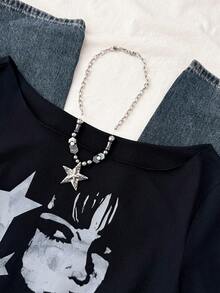 SHEIN 少女休闲皇家黑针织标语露肩印花短袖修身短上衣，春夏款，清爽百搭，日常必备，运动时尚夏季上衣，返校季，校服~ - 黑色 - 查看 4