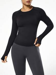 Seamluxe SHEIN Sport Áo thun thể thao tay dài cổ tròn, dáng ôm, màu trơn, kiểu dáng thường ngày - màu đen - Xem 3