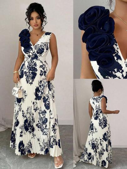 Elenzga Plus Size Apricot Floral Print 3D Floral Decor Pleated Waist Slimming A-Line V-Neck Floor Length Dress