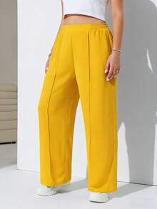 SHEIN EZwear 加大码黄色前缝松紧腰休闲裤 - 黃色 - 查看 1