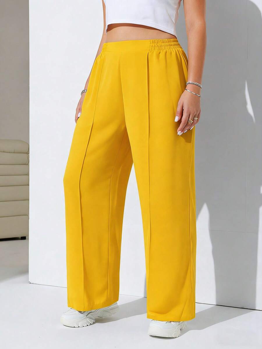 SHEIN EZwear 加大码黄色前缝松紧腰休闲裤 - 黃色 - 查看 1