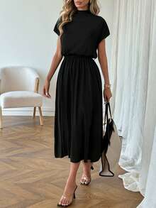 SHEIN LUNE 女士休闲高领低腰连衣裙 - 杏色 - 查看 6