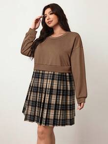 Enliva Vestido sudadera de manga larga con parches a cuadros para mujer talla grande, adecuado para otoño/invierno, para silueta de manzana y redondeada - Marrón - Ver 4
