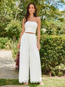 Vivid Eden 女士春夏度假装，女士棉质长裤，女士休闲优雅浪漫度假抽绳腰裤，舒适百搭，白色，女士夏季度假宽松阔腿长裤，优雅女士夏季海边度假波西米亚风长裤，白色阔腿裤，女士夏季阔腿裤，白色亚麻裤 - 白色 - 查看 11