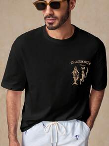 HIMLAND 男士休闲鱼图案印花宽松落肩圆领短袖T恤，适合日常穿着，海洋图案T恤，鱼图案衬衫，男士图案T恤，男士黑色钓鱼T恤，男士图案T恤 - 黑色 - 查看 5