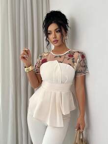 Elenzga Blusa de mujer de manga corta con bordado floral de malla, diseño elegante de cintura, top elegante adecuado para salidas diarias - Albaricoque - Ver 5
