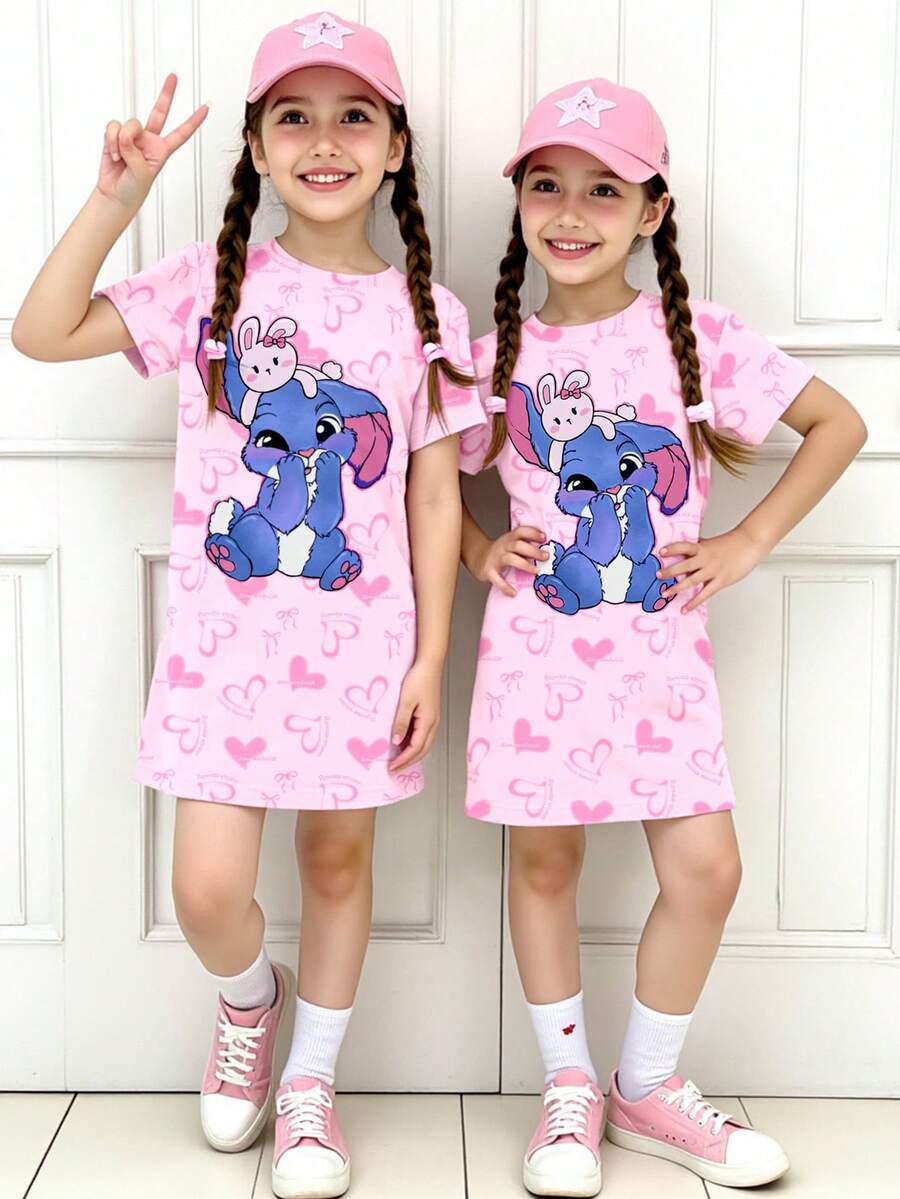 Tween Girls Spring And Summer Casual Fashion Creative Personalized Fresh Minimalist Cartoon Rabbit Heart Bow Decor Print Short Sleeve T-Shirt Dress, Comfortable Cozy Spring And Summer Styles Suitable For Girls, Atmosphere Outfits For Spring, Summer, Autumn, Daily Wear, Pink T-Shirt Dress, Pink Heart, Blue Rabbit, Pink Rabbit Sleep Wear Kids Girls Dress Stitch Clothes For Girls Stitch Dress Girls Stitch Outfits Kids Girls Pajama Dress - Multicolor - View 1